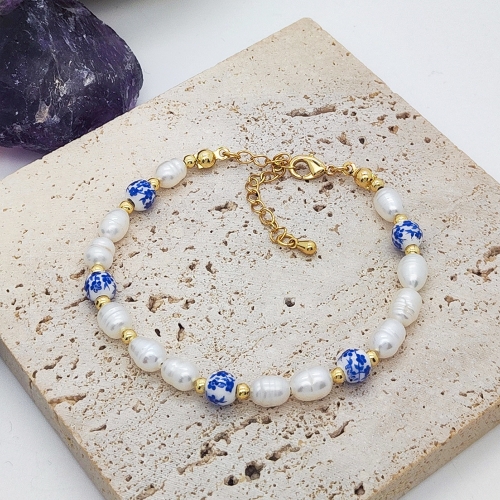 Blue and White Porcelain and Gold Freshwater Pearl Beaded Bracelet