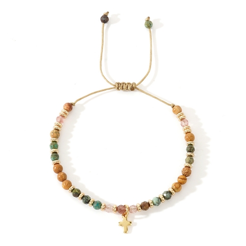 Smalled Natural Stone Beaded Bracelet withh Gold Plated Cross Charms